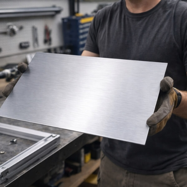 farbiges Alublech nach Maß in Hand von Mann