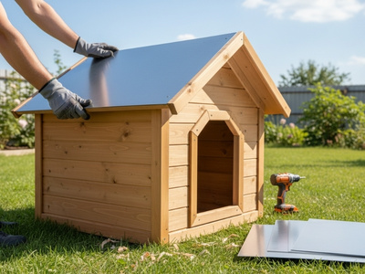 Blechtafel wird auf Hundehütte angebracht