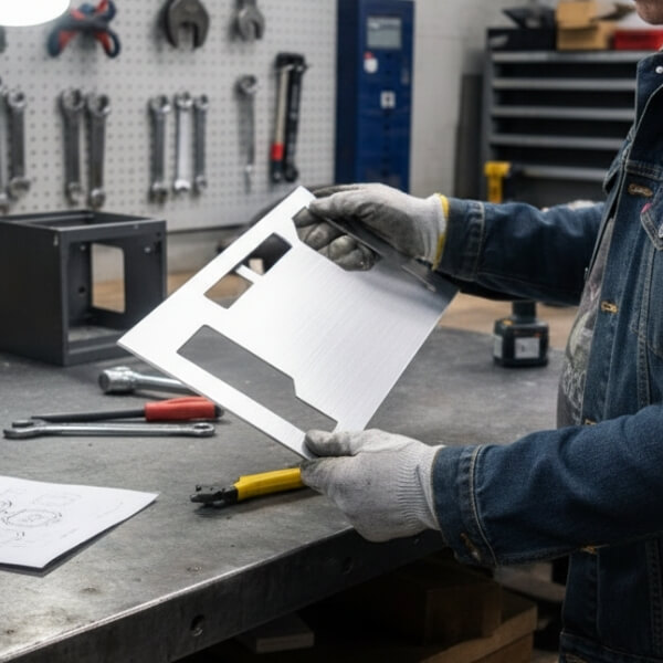 Blech mit Laserzuschnitt in der Hand