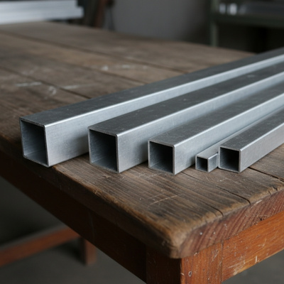 Alu Vierkantrohre auf Tisch nebeneinander