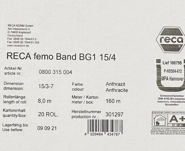 Fugendichtband 15/4mm BG1 anthrazit Recanorm Kartonaufdruck (large)